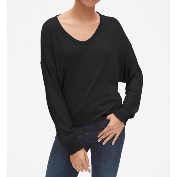 GAP Softspun Long Sleeve Top with Smocked Cuffs Size XS Black - Picture 2 of 11
